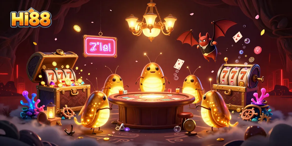 Experience HI88's vibrant cave casino with glowworms and dynamic slot elements.