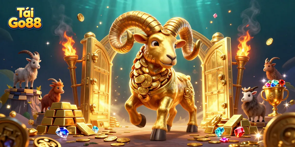 Win big with Tải Go88 as a golden ram charges through a treasure-filled casino world.