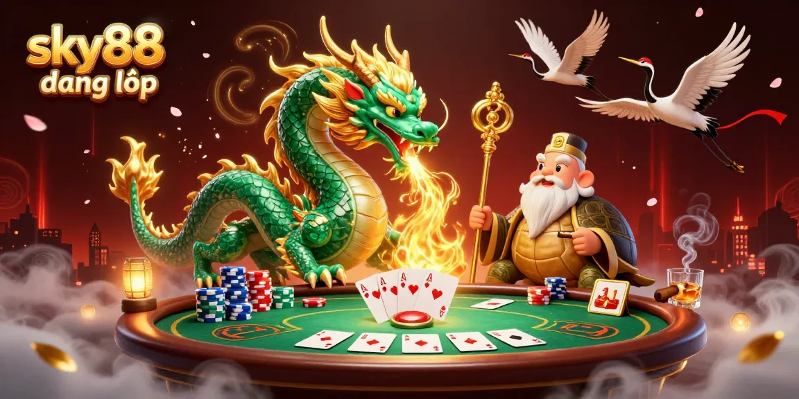 Experience the excitement of sky88 đăng nhập with a vibrant 3D casino scene featuring a majestic dragon and poker elements.