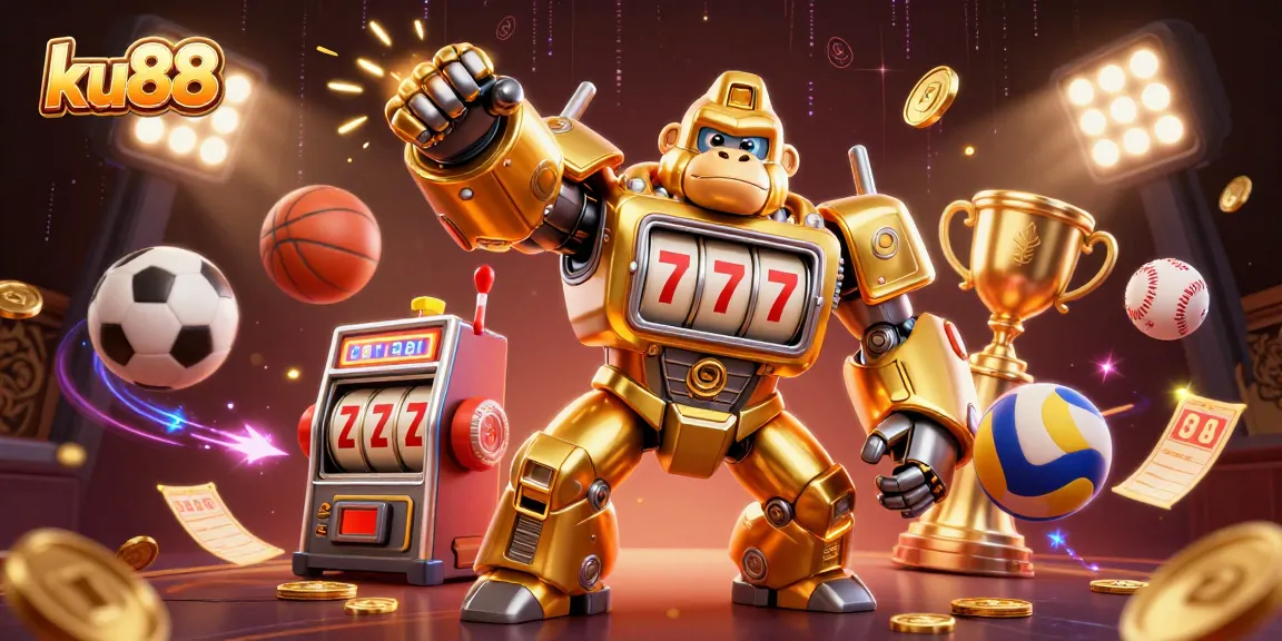 Engage with ku88’s exciting 3D illustration of a golden gorilla mech amidst vibrant sports betting elements.