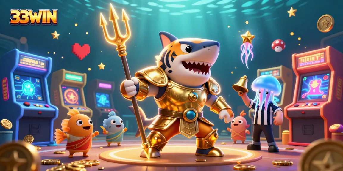 Experience thrilling underwater casino adventures with 33WIN, featuring a tiger shark in gladiator armor and gaming excitement.