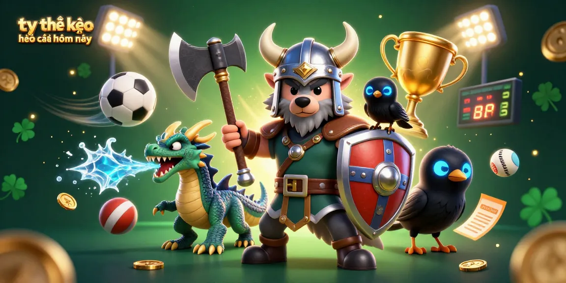 Engage with tỷ lệ kèo nhà cái hôm nay in a vibrant 3D casino scene showcasing a Viking wolf warrior, dragon, and sports elements.
