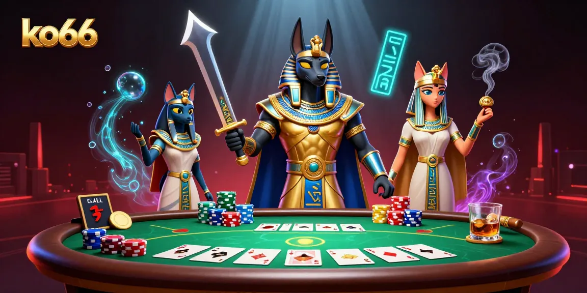 Spin at ko66 with Anubis and Bastet in a vibrant poker scene filled with excitement.