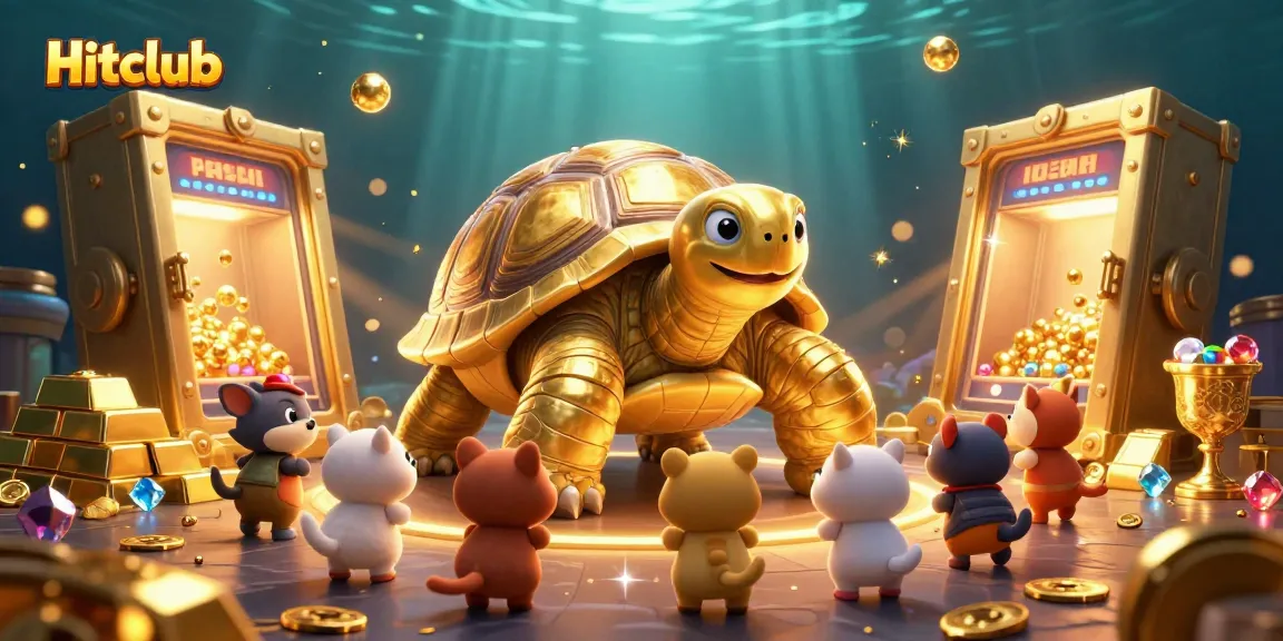 Experience thrilling gameplay at Hitclub with a grand golden tortoise as a pinball machine surrounded by treasures.
