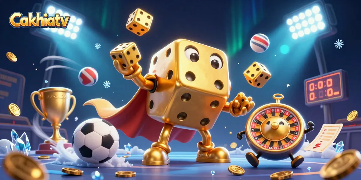 Cakhiatv showcases a dynamic 3D cartoon scene with golden dice characters, sports elements, and casino features in action.