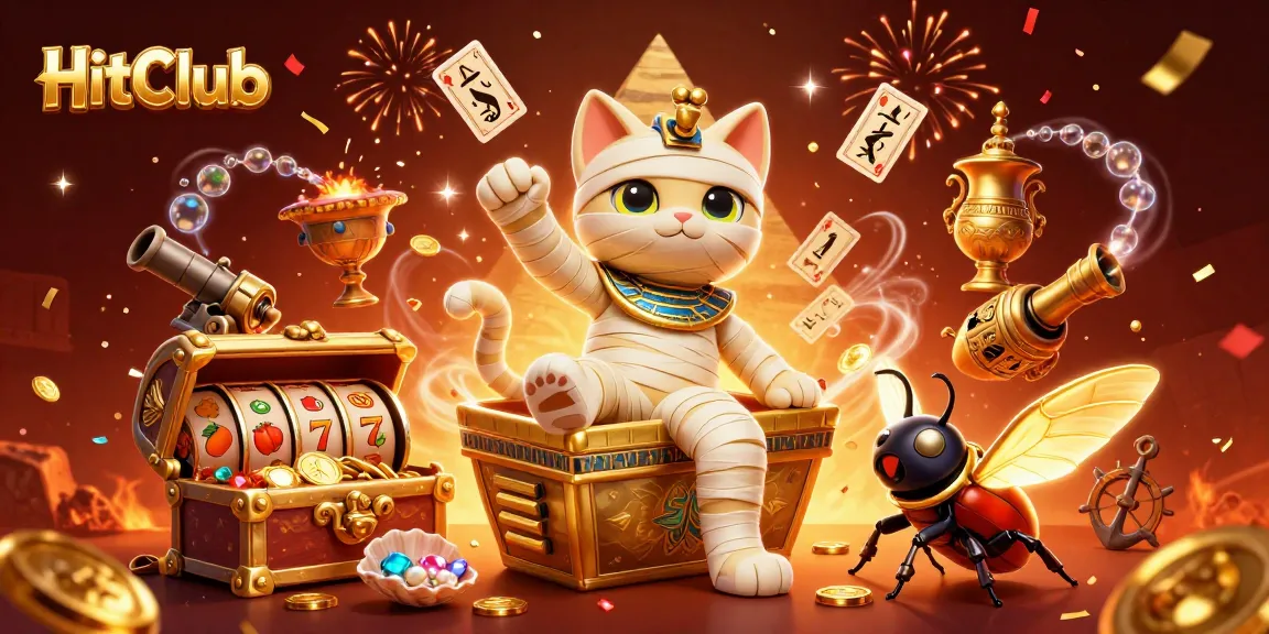 Join the excitement at HitClub with a vibrant mummy cat and gold treasures in a dynamic casino scene!