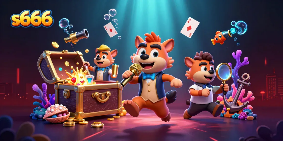 S666 hyenas' vibrant casino scene featuring a comedian, bartender, and bouncer amidst gold coins and cards.