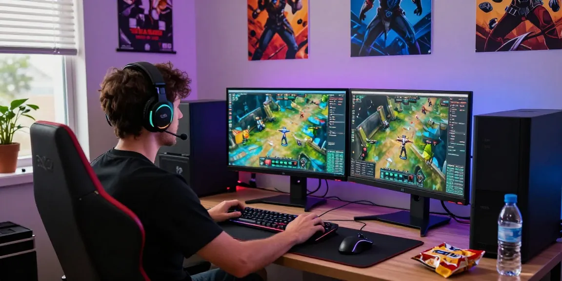 Ustawienie serwera gier w przytulnym biurze domowym podczas intensywnej gry, podkreślające game hosting.