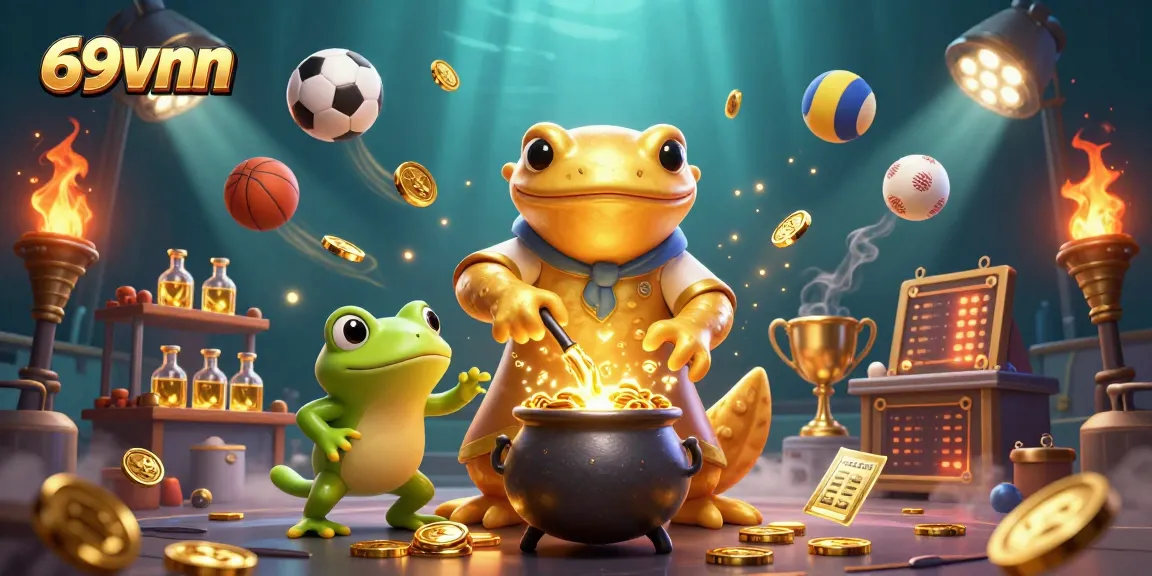 Engage with 69vnn's golden alchemist as he transforms metals into treasure amidst vibrant sports betting elements.