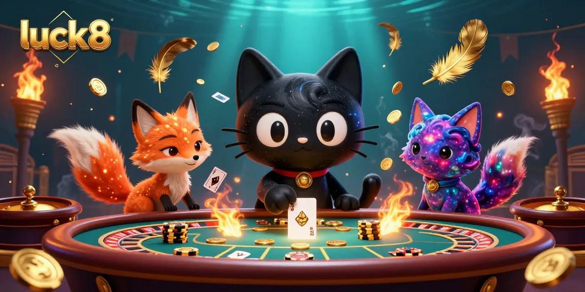 Experience the excitement of luck8 with a cosmic casino scene featuring a black hole cat and a nebula fox.