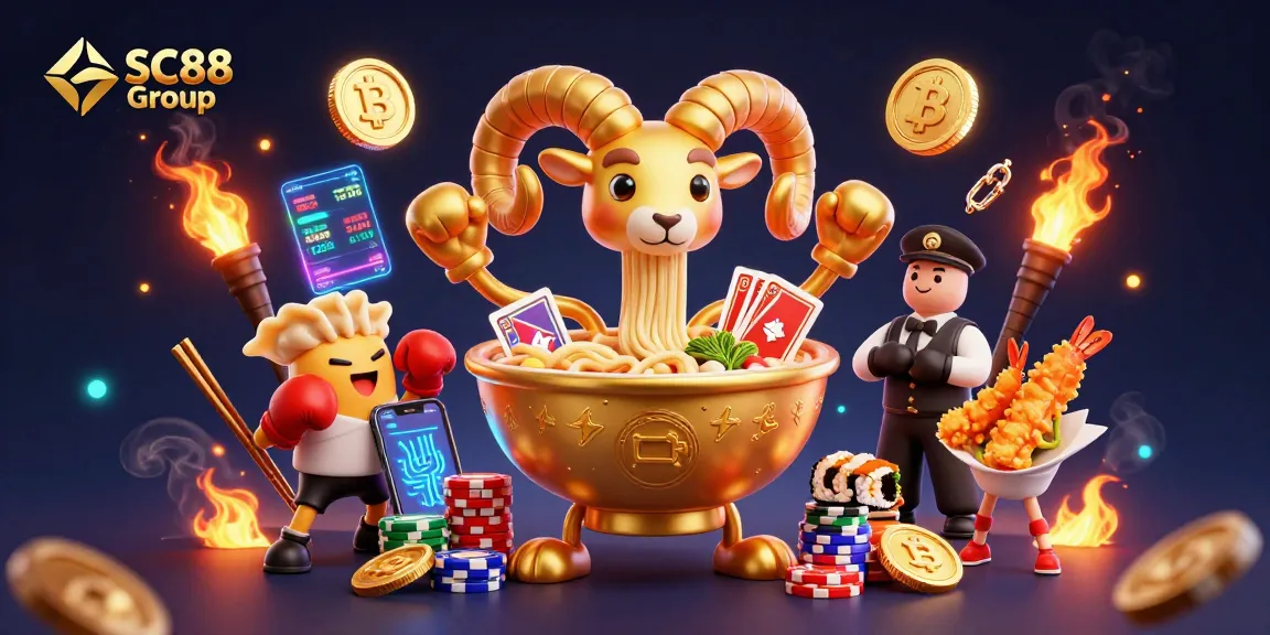 Join the fun at SC88 Group's animated casino with vibrant characters and crypto elements.