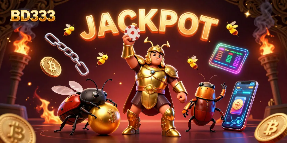 Experience thrilling gameplay with BD333, featuring a heroic beetle lifting a poker chip surrounded by dazzling cryptocurrency elements.
