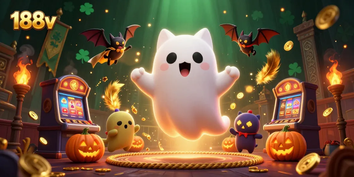 Engage in thrilling gaming at 188v with a ghost cat in a lively haunted casino atmosphere.