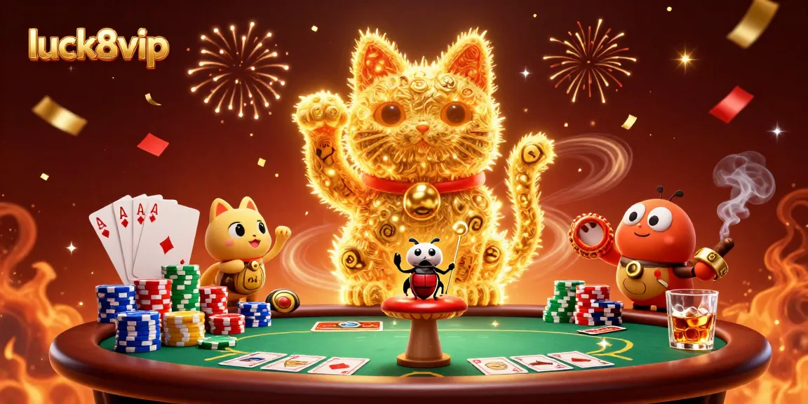 Experience the vibrant energy of luck8vip with golden fireflies and casino elements.