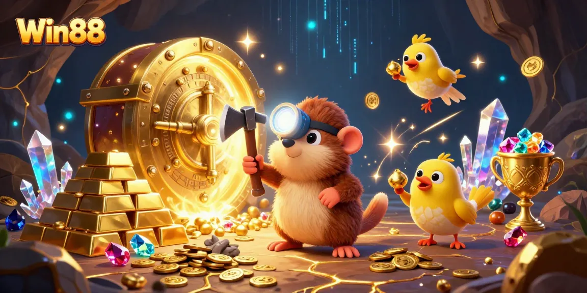 Engage in riches with Win88 as the treasure hunter mole uncovers gems and gold in a vibrant cave.